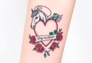 a big pale pink heart and a mare with wings and a halo and a bunch of green shamrocks, and red roses with a banner across the heart that says Peg 'o My Heart tattoo idea