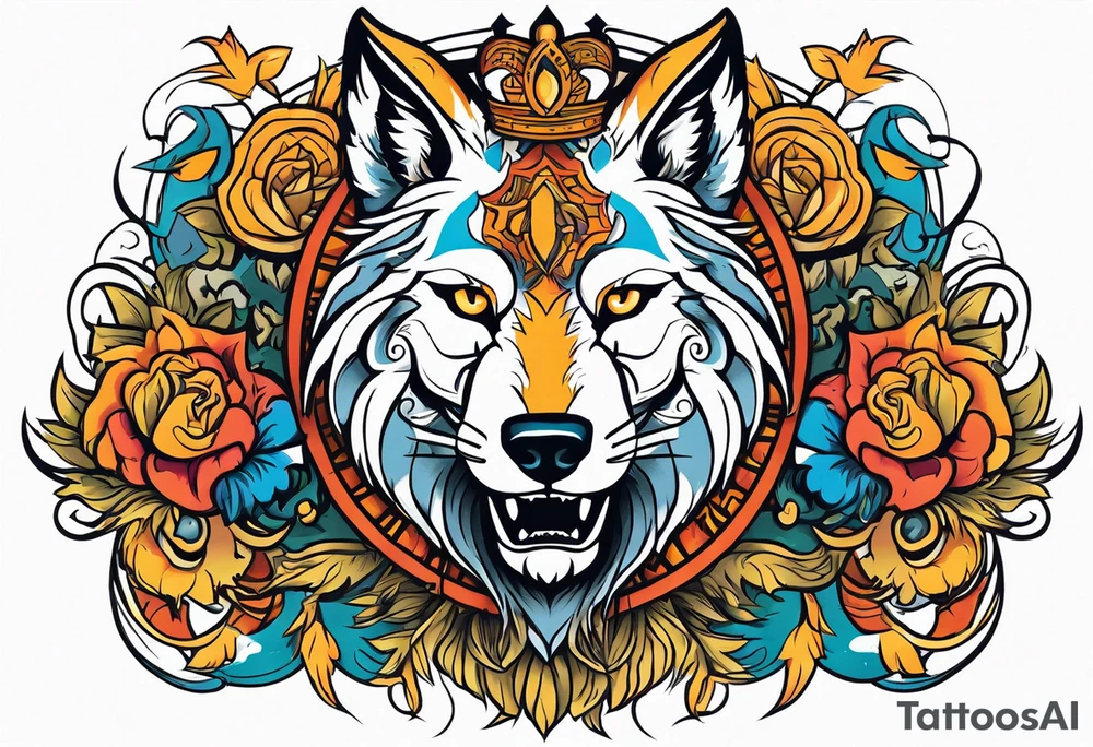 A powerful wolf with lions main tattoo idea