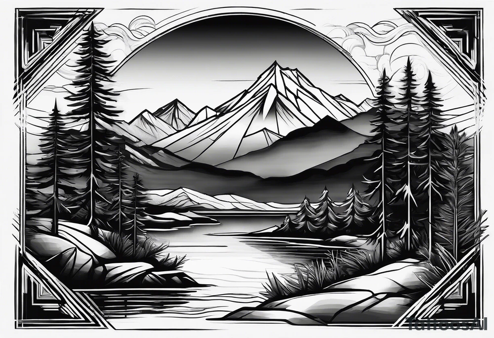 A snow capped mountain with pine trees and a river, the pine trees start to blend into palm trees, and the river becomes an ocean tattoo idea