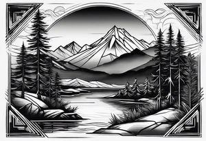 A snow capped mountain with pine trees and a river, the pine trees start to blend into palm trees, and the river becomes an ocean tattoo idea