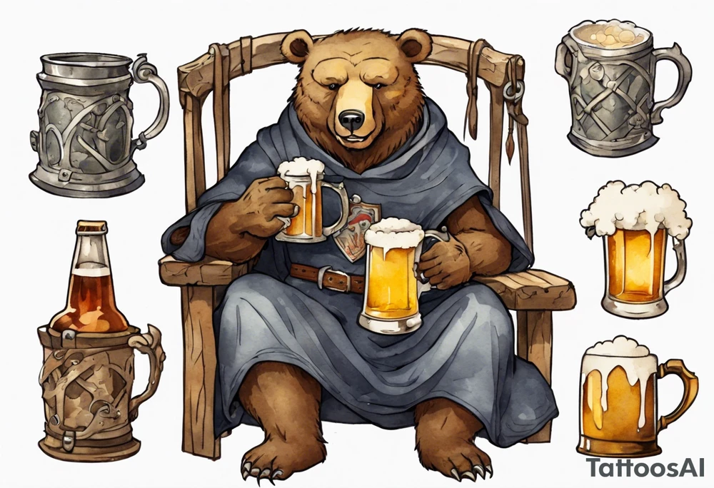 a medieval bear-human hybrid wearing a tunic and coif and drinking from a pewter mug of beer in a tavern, sitting in a chair, smiling tattoo idea