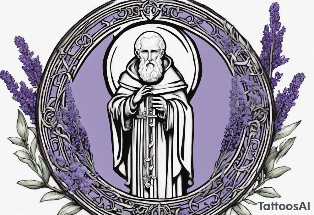 I'm looking for a custom tattoo design featuring a faithful and precise representation of the Saint Benedict medal, surrounded by delicately intertwined lavender flowers to create a harmonious and aesthetically pleasing composition. The focus should be on maintaining the authenticity of the Saint Benedict medal while incorporating the serene beauty of lavender blooms around it. The design should strike a balance that captures the symbolic essence of the medal within a visually appealing tattoo. tattoo idea