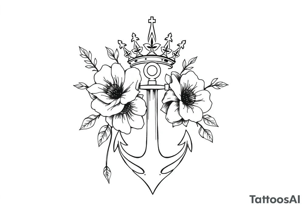 detailed beautiful gothic boho flowers with gorgeous crown and anchor tattoo idea