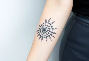 Fibonacci spiral shell inside of painted sun tattoo idea