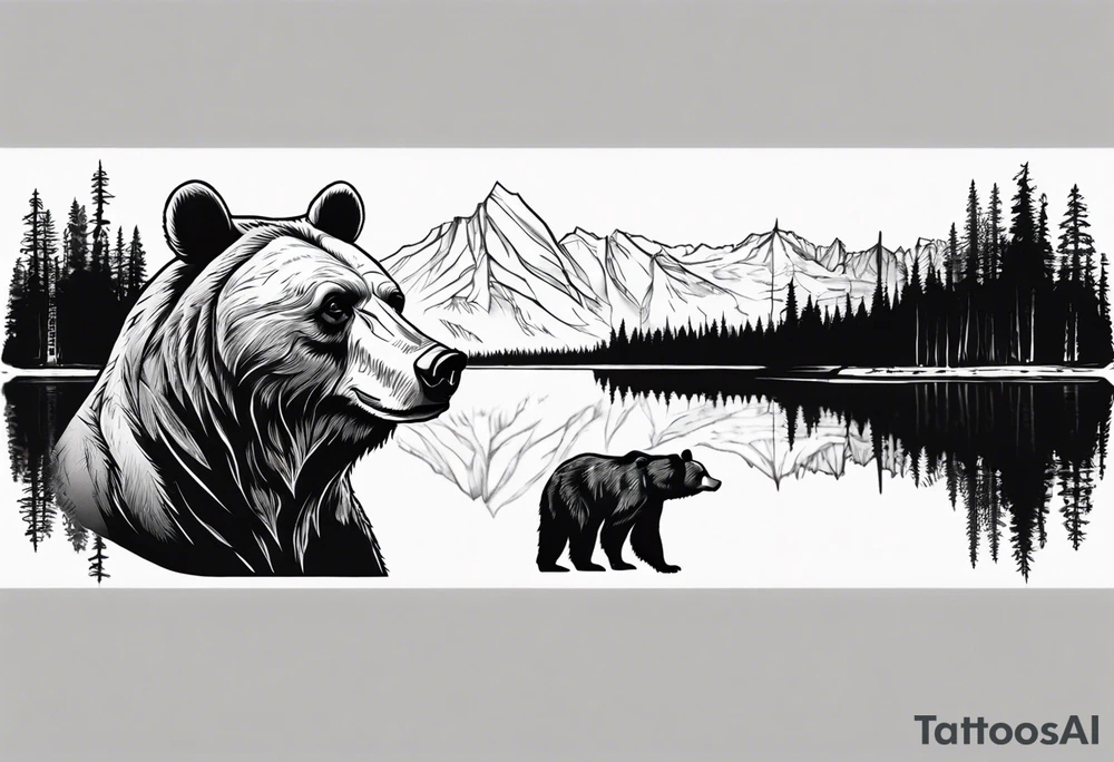 bear head right above the forest line with a lake below, full arm sleeve tattoo tattoo idea