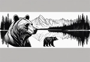 bear head right above the forest line with a lake below, full arm sleeve tattoo tattoo idea