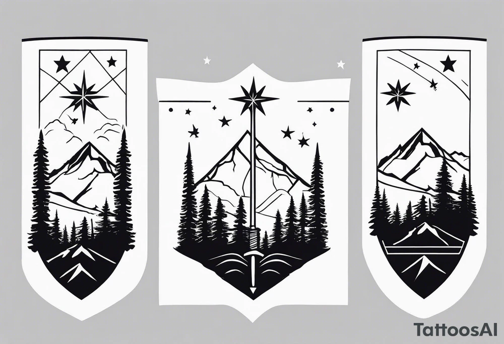 complete upper arm sleeve. Three Peaks, Three Stars, Swords, and Vines: Create a minimalistic fine line tattoo for a right upper arm half sleeve. Feature three rugged mountain peaks, each topped with a simple star. Emphasize crossed swords, integrating with abstract, feather-like patterns that evoke the Valkyrie spirit. Keep the design in clean, simple lines, emphasizing the serene and mystical qualities without text. tattoo idea