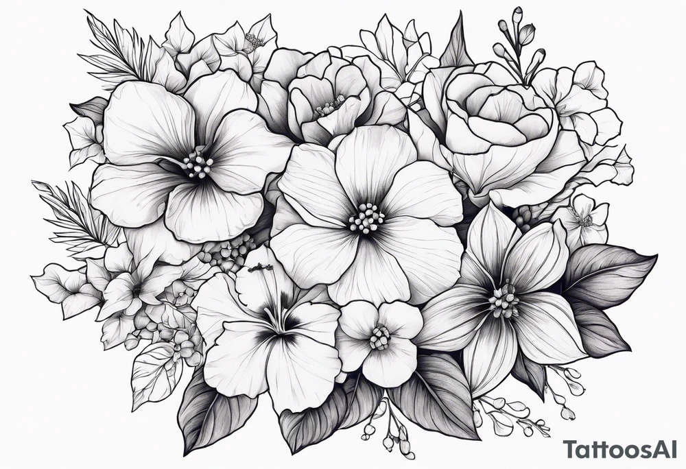 Floral Bouquet with blue hydrangea, Gladiolus, Poppy, Daisy, Sweet Pea, Narcissus, Poinsettia, and Holly tattoo idea