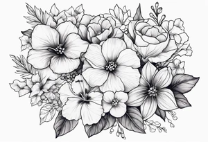 Floral Bouquet with blue hydrangea, Gladiolus, Poppy, Daisy, Sweet Pea, Narcissus, Poinsettia, and Holly tattoo idea