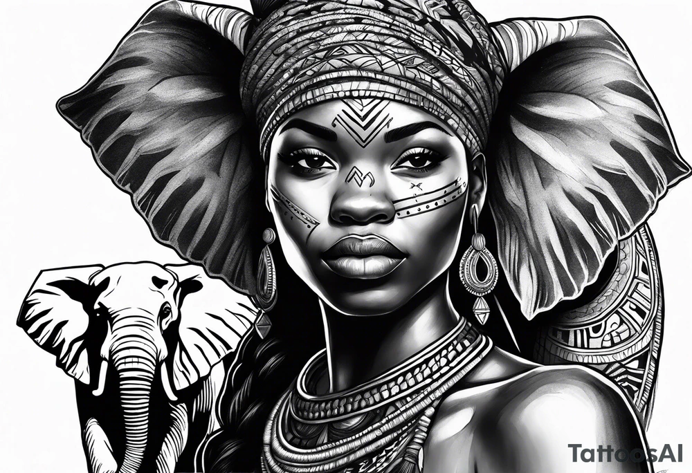 African woman warrior with tribe scars and spear in hand with elephants in background tattoo idea