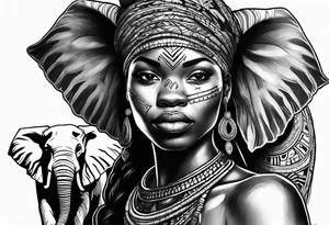 African woman warrior with tribe scars and spear in hand with elephants in background tattoo idea