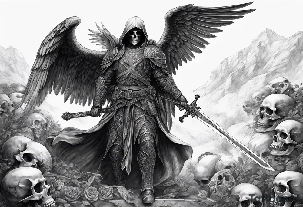 realistic angel of death, man, full body, no face visible, holding one sword, sword pointing downwards, skulls lying on the ground tattoo idea