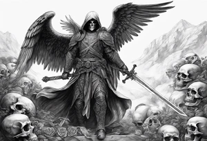 realistic angel of death, man, full body, no face visible, holding one sword, sword pointing downwards, skulls lying on the ground tattoo idea
