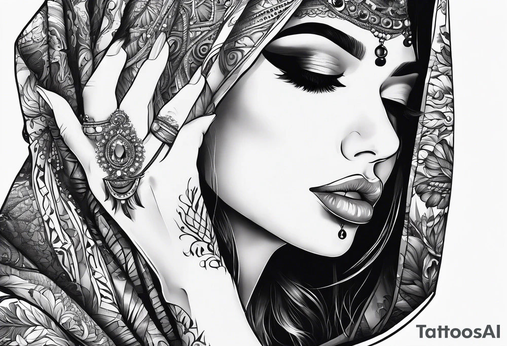 Scarefull woman is closing one of her eye with fingers tattoo idea