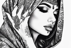 Scarefull woman is closing one of her eye with fingers tattoo idea