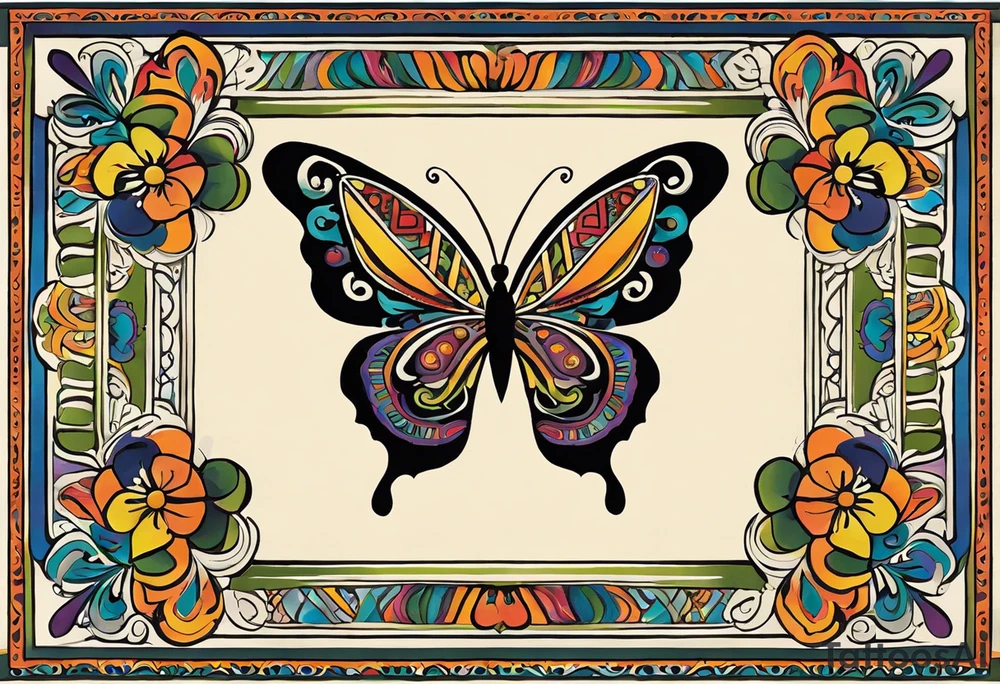 A butterfly with intricate, colorful wings that blend traditional Mexican patterns with natural elements, symbolizing both the essence of your grandparents and the vibrancy of their legacy.

Design Elements:

Butterfly:
The butterfly can be positioned centrally or slightly off-center. Use bold,  often seen in Mexican art,
Incorporate traditional Mexican patterns within the butterfly’s wings, such as geometric shapes, floral motifs, or Aztec designs.
Flowers and Vines:
Surround the butterfly with a mix of Mexican flowers like marigolds (cempasuchil) and roses. Marigolds are often associated with Día de los Muertos and symbolize the connection between the living and the deceased.
Include delicate vines that weave around the flowers and butterfly, adding a sense of continuity and connection. tattoo idea