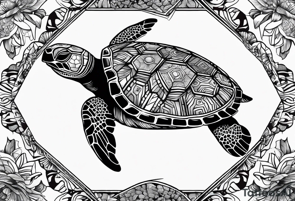 tropical psychedelic turtle's back, top down view, as seen from above tattoo idea