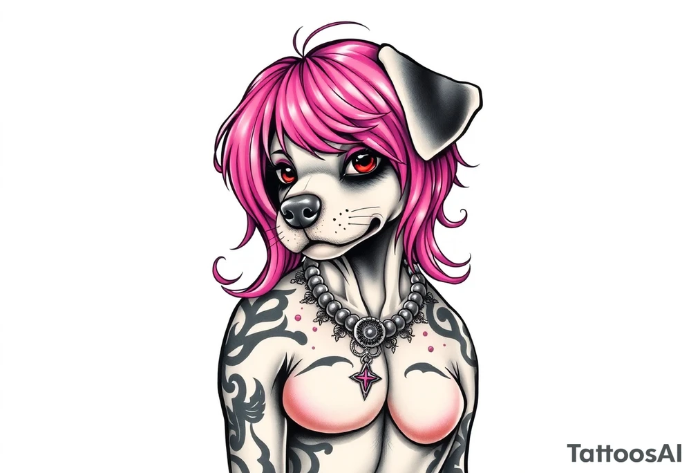 goth hot puppy girl with big boobs and pink hair full human body tattoo idea