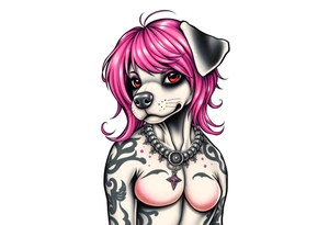 goth hot puppy girl with big boobs and pink hair full human body tattoo idea