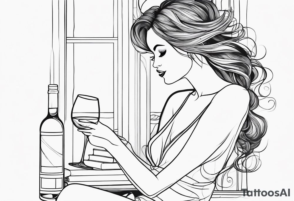 A one line drawing of a women drinking wine and reading a book tattoo idea