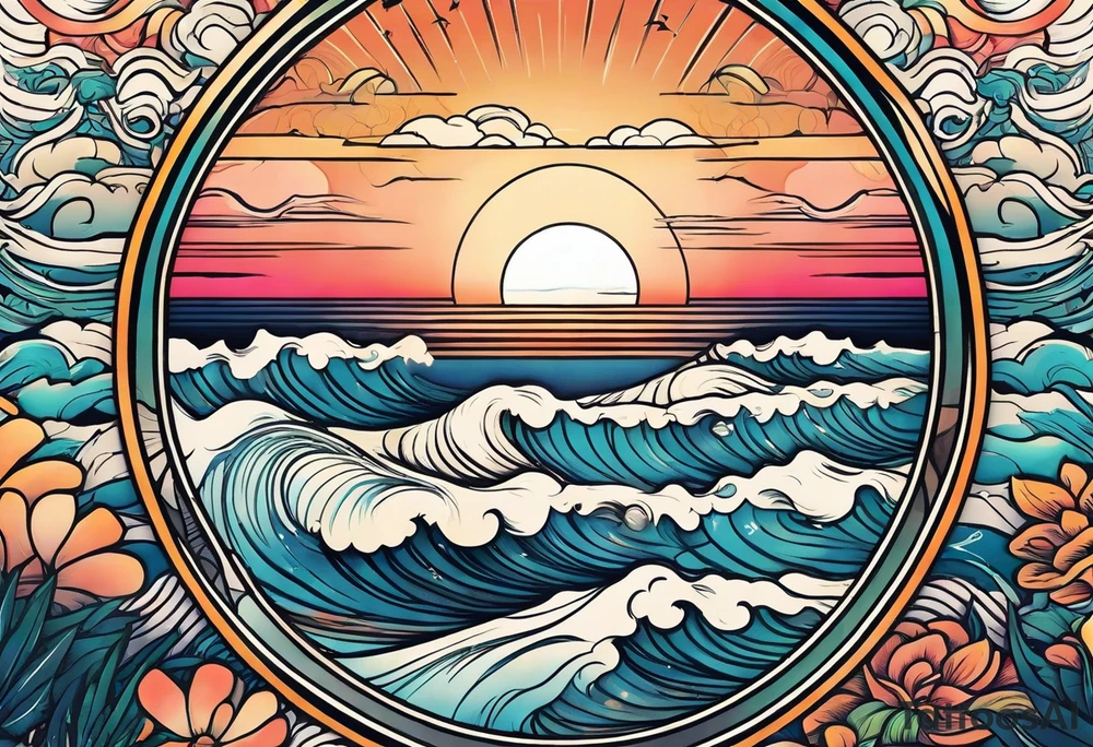 Circle shape, inside sunset and ocean drawing with retro look tattoo idea