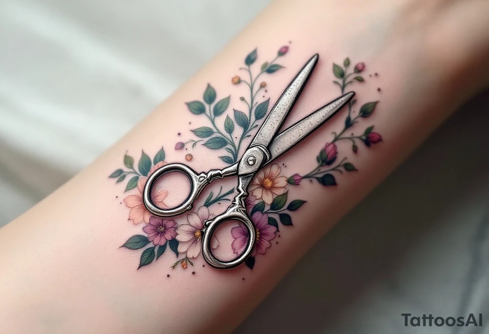 Floral Scissors Tattoo – Silver scissors with intricate floral patterns growing around them, blending greenery with soft pastels like peach, pink, and lavender. The flowers represent creativity and craftsmanship. tattoo idea