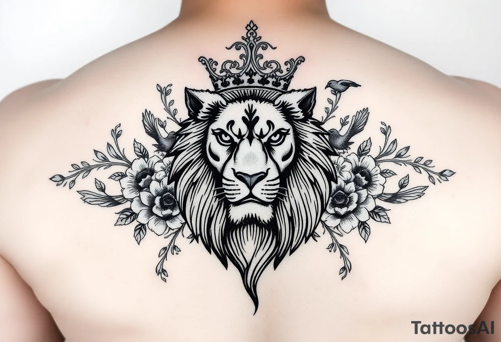 powerful majestic lion with a crown, surrounded by floral ornaments and birds tattoo idea