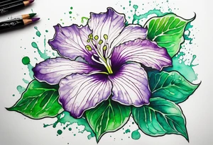 An outline of an only green rio dipladenia flower and a green and purple watercolor splash in the background tattoo idea