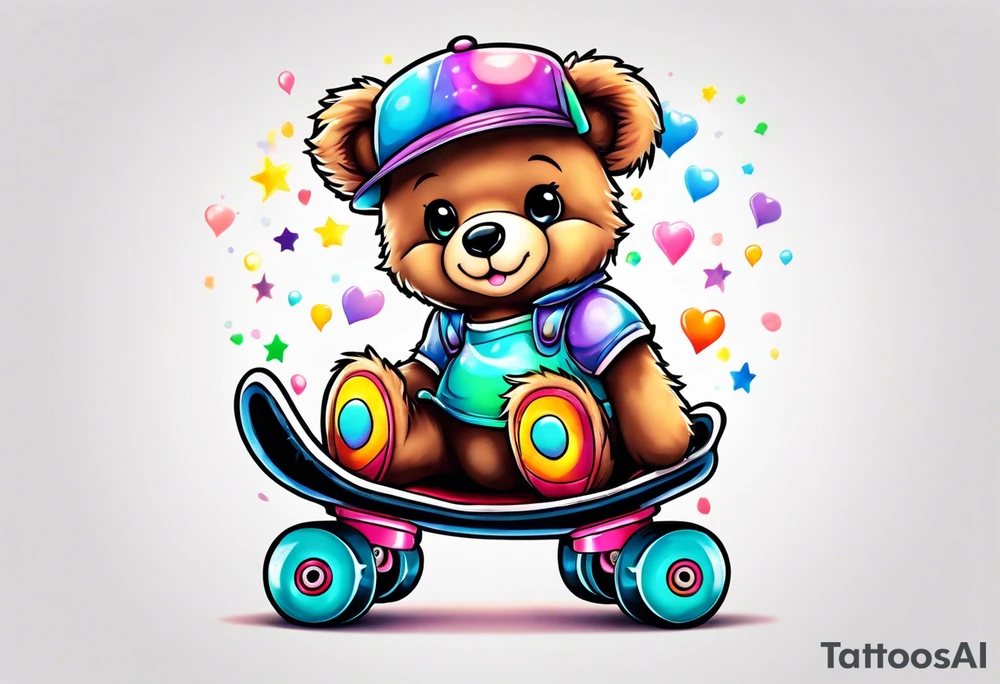 a teddy bear, wearing cute, pastel rainbow rollerskates tattoo idea