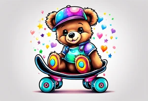 a teddy bear, wearing cute, pastel rainbow rollerskates tattoo idea