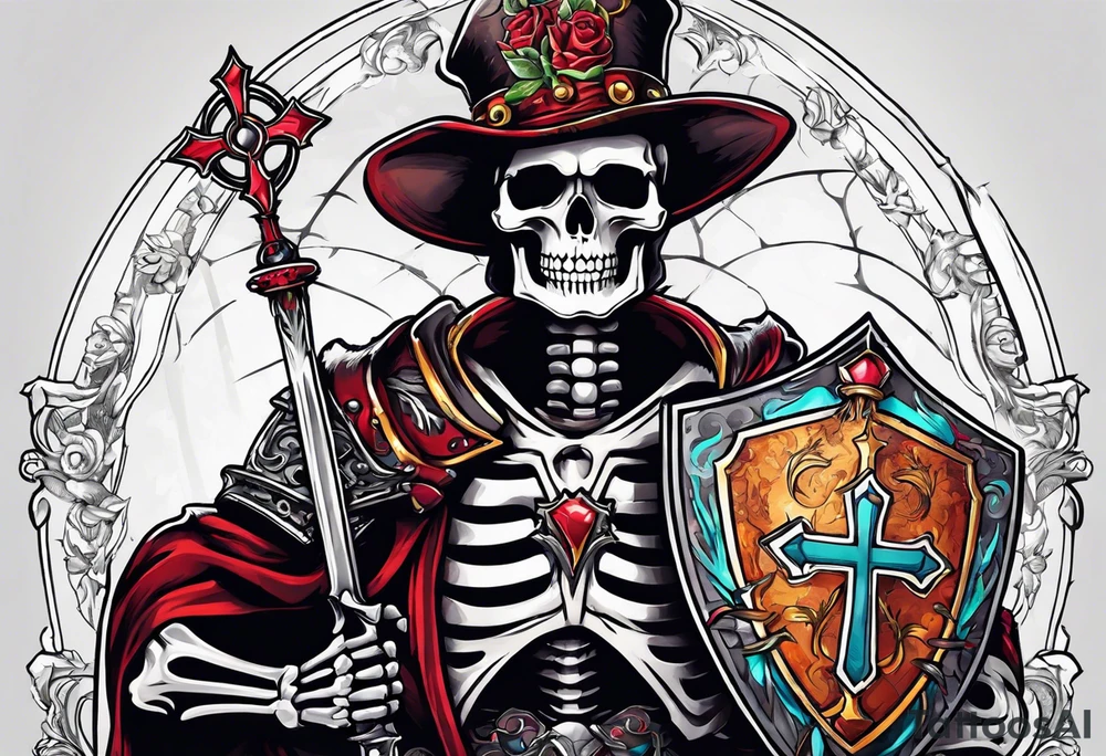 skeleton holding a shield with a cross on it tattoo idea