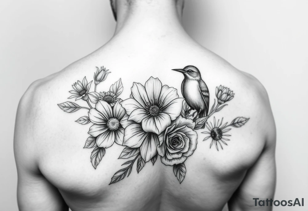 Different flowers with different birds surrounding them. Close together. 
Black and white tattoo idea