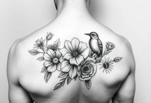 Different flowers with different birds surrounding them. Close together. 
Black and white tattoo idea