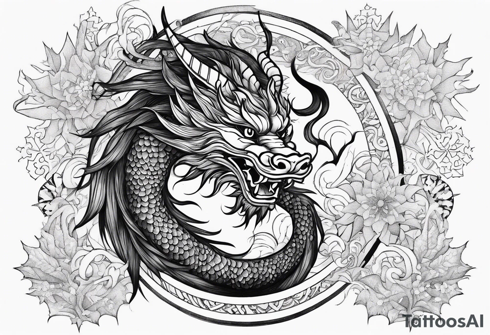 japanese dragon, celestial, cross, snowflake tattoo idea