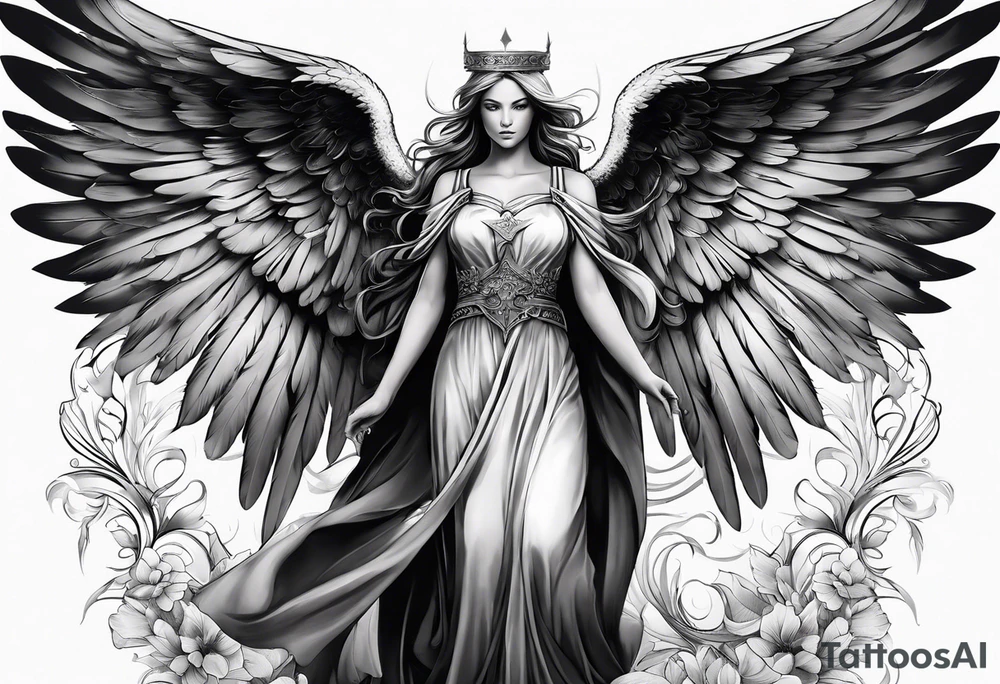 Sexy guardian angel with a full body and wings out to the sides tattoo idea