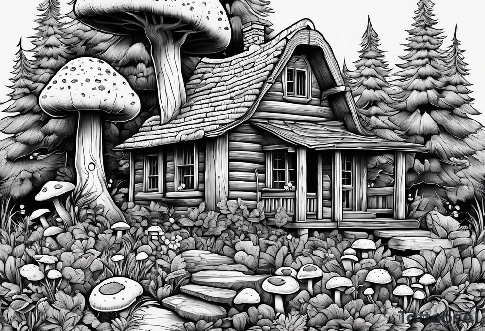 Woodland, cottage core, fallen log with small amount of mushrooms tattoo idea