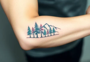 Lower forearm, trees with mountains in background, leaves on the trees are pink, purple, teal, red tattoo idea