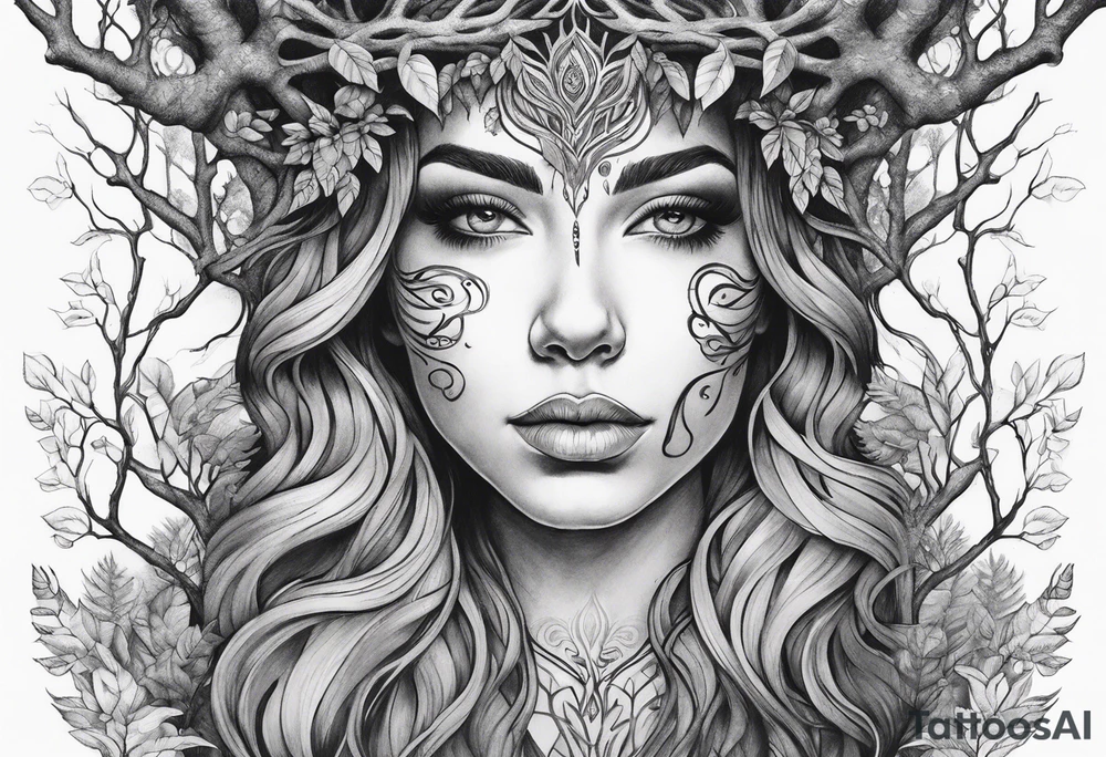 Forest goddess looking down tree branches forming into her face tattoo idea