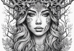 Forest goddess looking down tree branches forming into her face tattoo idea