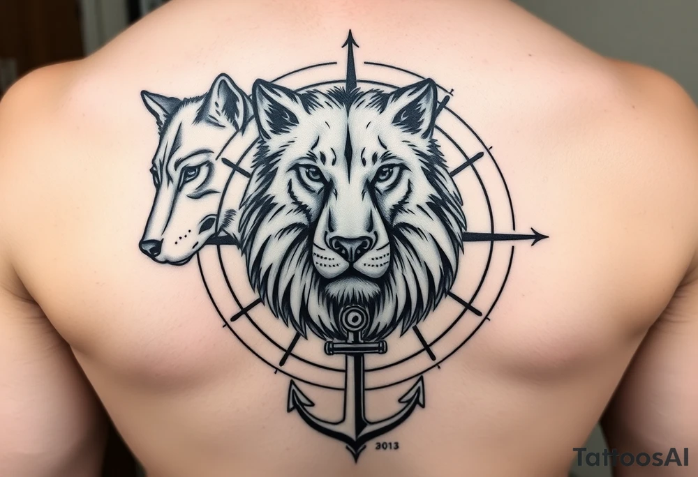 1/3wolf 1/3bear 1/3 lion surrounded by a compass with a small anchor on bottom. for sleeve tattoo idea