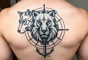 1/3wolf 1/3bear 1/3 lion surrounded by a compass with a small anchor on bottom. for sleeve tattoo idea