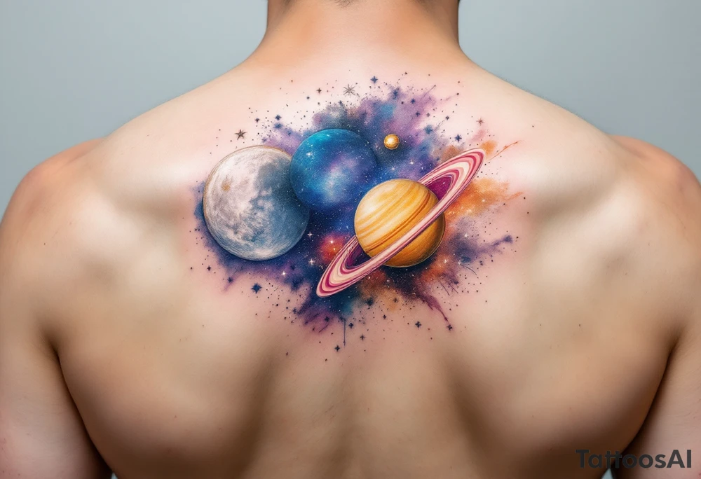 A soft watercolor galaxy with three celestial bodies (sun in gold, moon in silver, and a planet Saturn in deep blue) tattoo idea