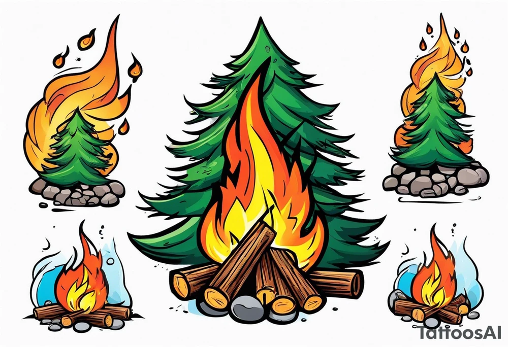 Small campfire in the center, right side: an evergreen tall tree, left side: skinny fast flow steam tattoo idea