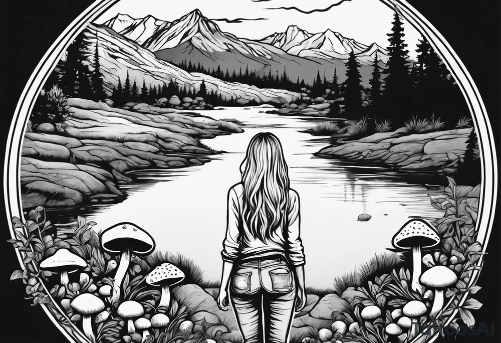 Whole picture encircled fully

Straight long blonde hair hippie girl in distance holding mushrooms in hand facing away toward mountains and creek surrounded by mushrooms long sleeve shirt and hiking pants; whole rendering within a full circle, no cut off circle tattoo idea
