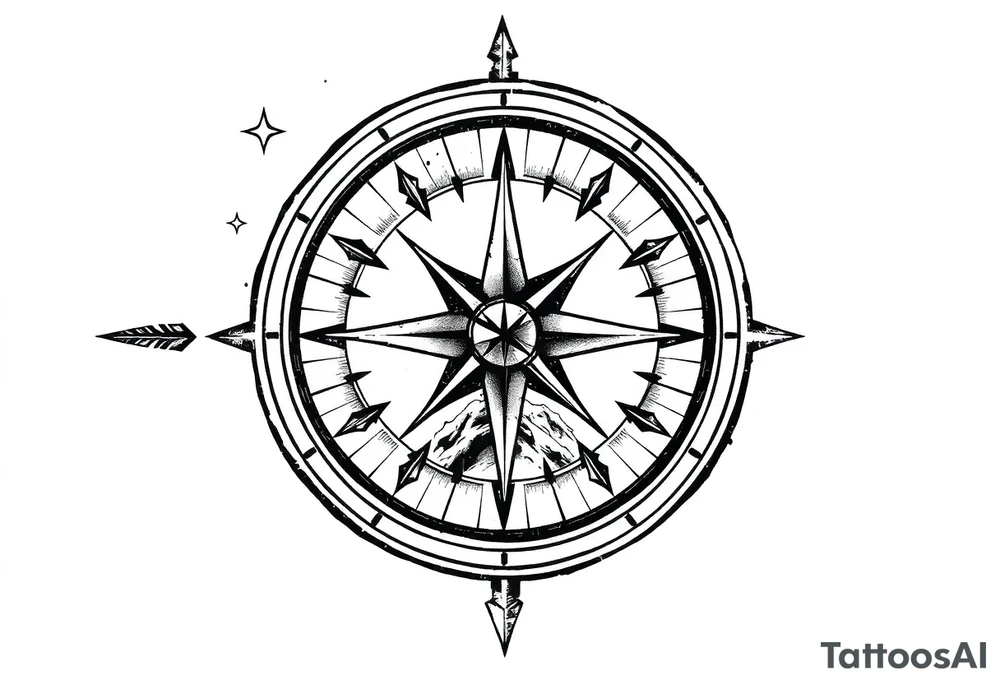 a compass,stars,landscape,an arrow. tattoo idea