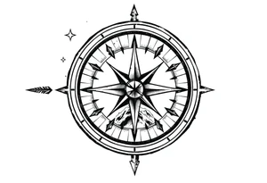 a compass,stars,landscape,an arrow. tattoo idea
