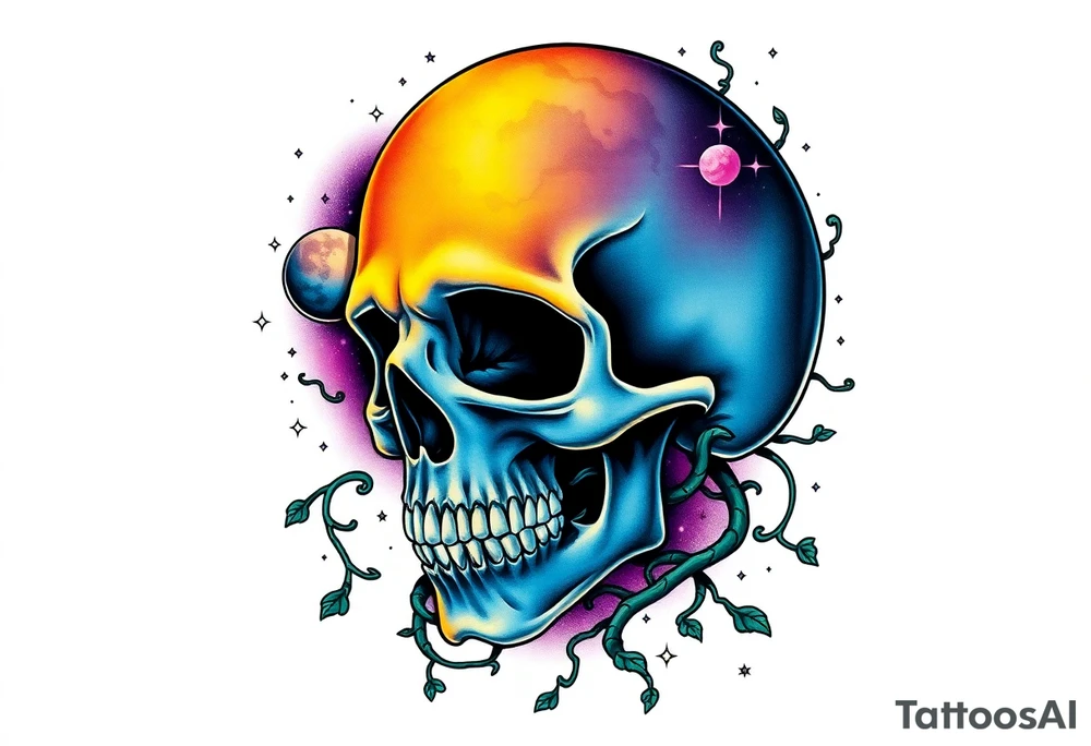 gothic skull as the moon and life as the sun. intertwined with climbing  vines as space dust connecting planets and galaxy in background of skull really bright colors used for the planets and stars shade's of Purple, Blue and black as the backdrop for galaxy tattoo idea