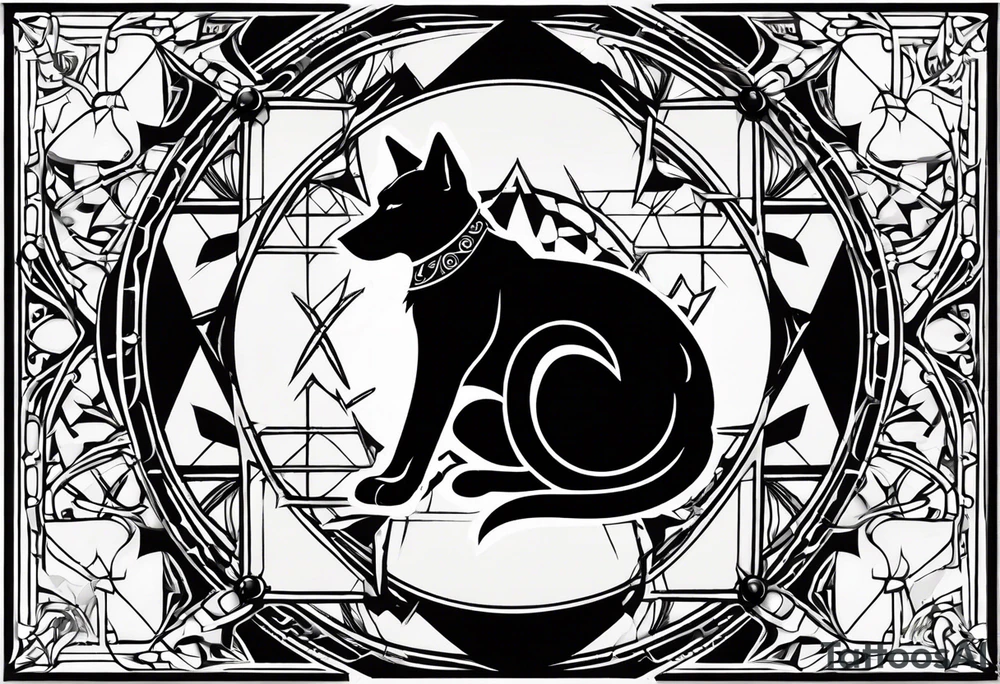 cyber sigil and neo tribal style tattoo. centered around 2 stones, onyx and topaz. onyx being my dog, and topaz my cat. don’t use any clear symbols to a pet and rather make them all subtle tattoo idea