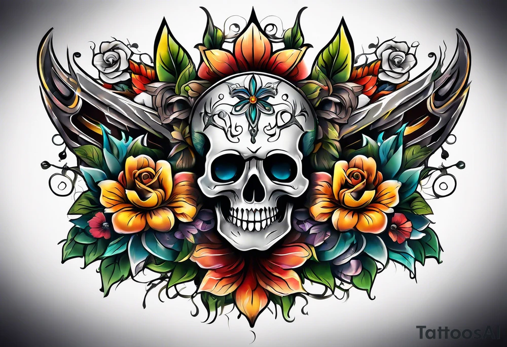 Old school center Knee tattoo with skulls, various flowers, water shapes and fall colors tattoo idea