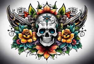 Old school center Knee tattoo with skulls, various flowers, water shapes and fall colors tattoo idea